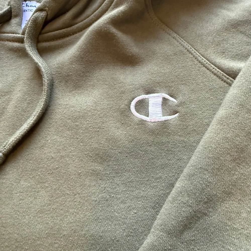 Champion Script Sleeve Hoodie Olive Green Pullover Sweatshirt Size L Streetwear - Picture 4 of 7